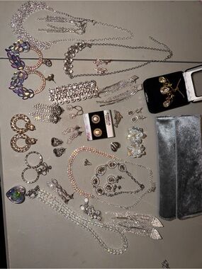 Rhinestone Crystal Statement Costume Jewelry Lot - Silver & jewelry travel bag